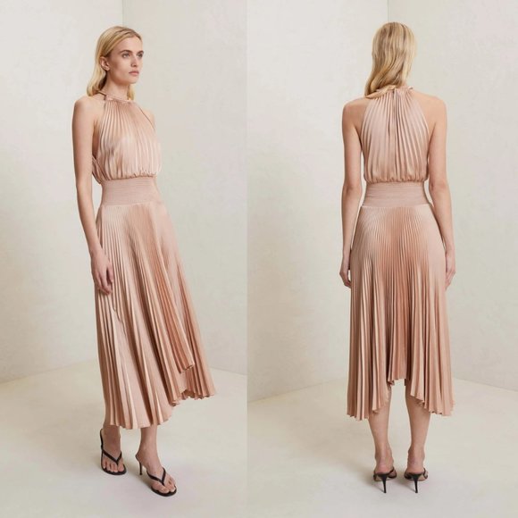 A.L.C. Renzo Asymmetric Pleated Midi-Dress Sz 8 Bella Halter Neck Smock Waist - Picture 2 of 10